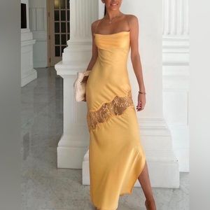 Yellow, gold, silky lace slit, maxi dress backless